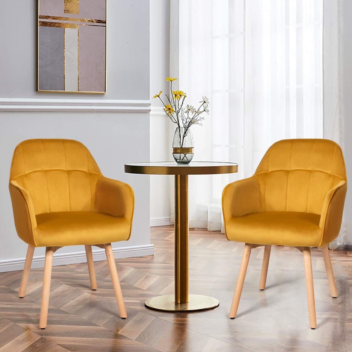 Modern Velvet Arm Dining Chairs Set of 2, Cute Chairs w/Solid Wood, Non-Slip Foot Pads