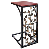 Sofa Side and End Table, Small - Metal, Dark Brown Wood Top With Leaf Design - Perfect