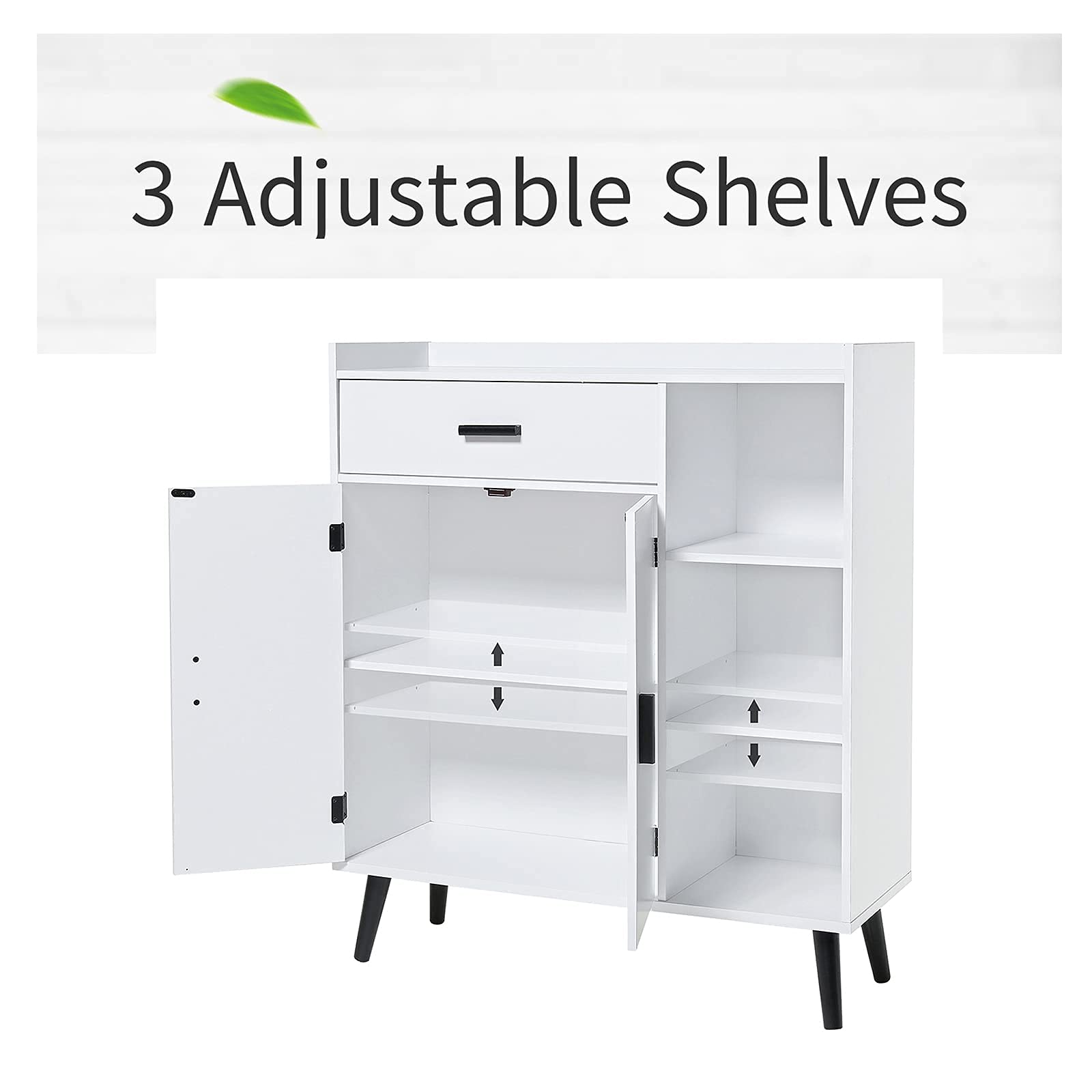 Storage Cabinet, Floor Storage Cabinet with 1 Large Space, 2 Doors & 3 Shelves,