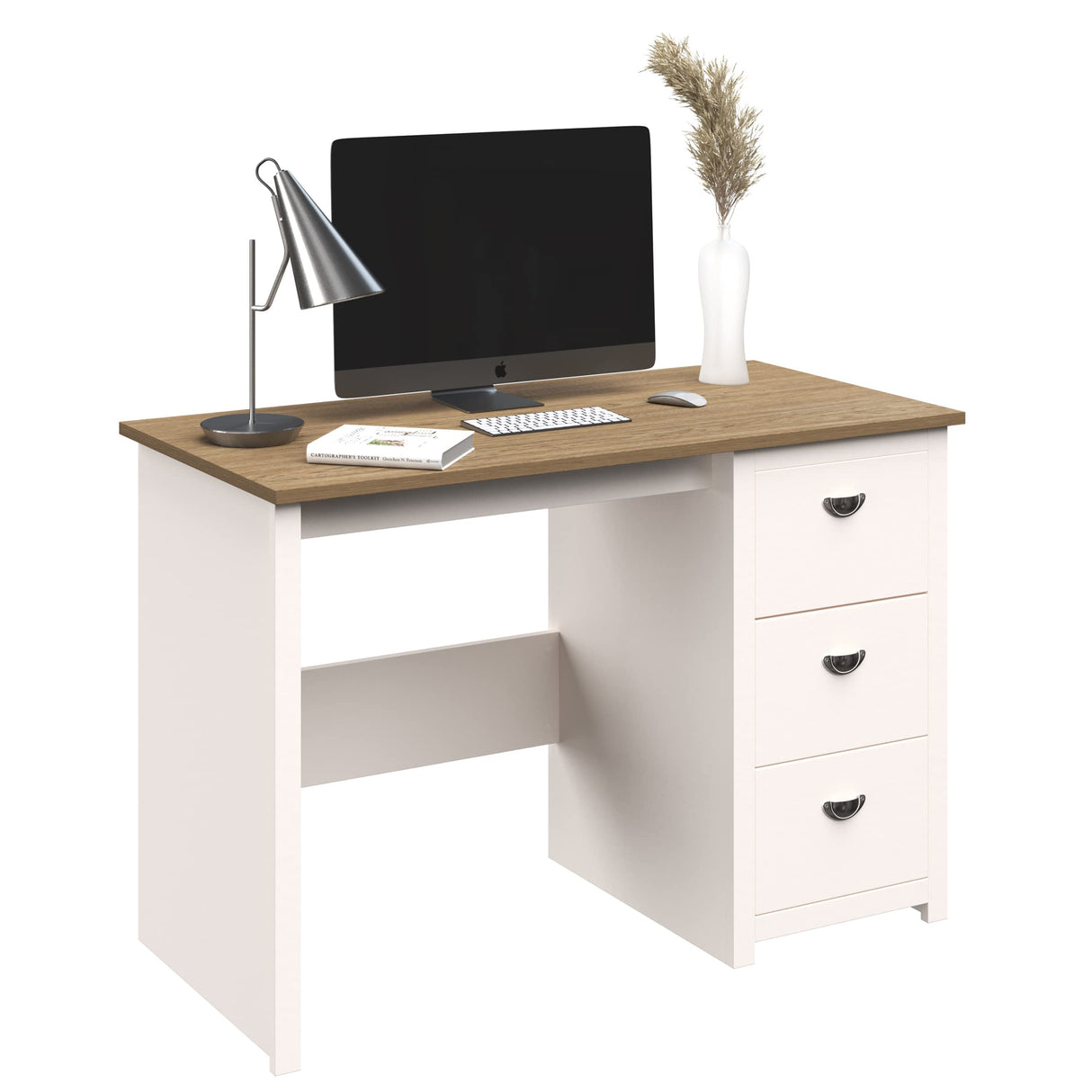 Traditional Desk with Attached 3-Drawer File Cabinet - for Home Office, Bedroom, Computer, or Craft Table by Lavish Home (White)