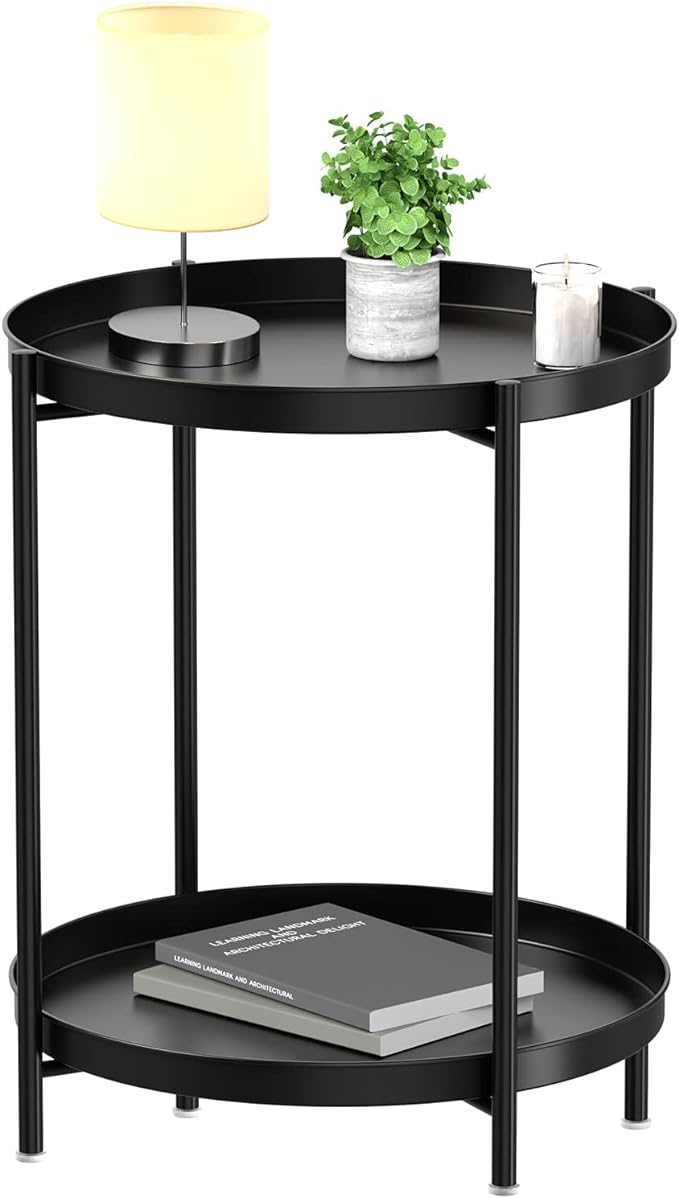 2 Tier End Table - Metal Side Table Waterproof Small Sofa Coffee Side Tables Bedroom