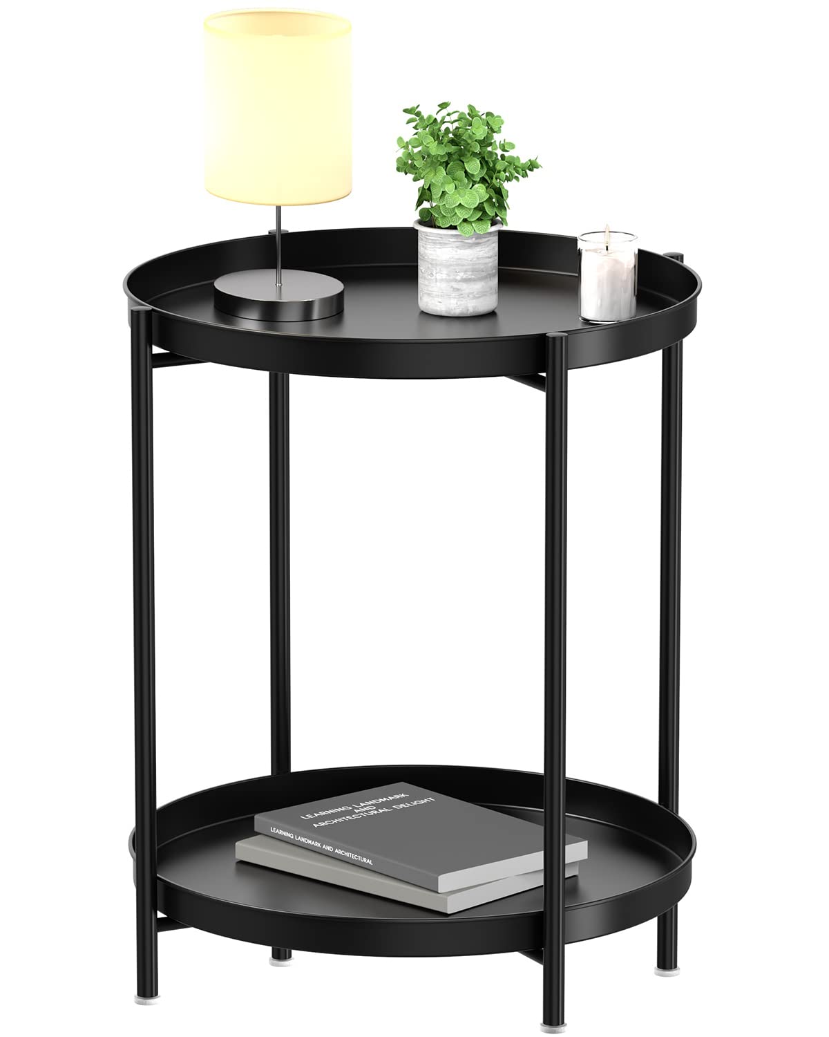 Tier End Table - Metal Side Table Waterproof Small Sofa Coffee Side Tables Bedroom Indoor Outdoor with Removable Tray for Living Room Bedroom Balcony and Office (Black)