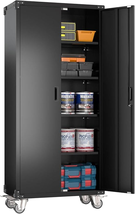 73''H Garage Storage Cabinet with Wheels,Steel Cabinets with 2 Doors and 4 Adjustable