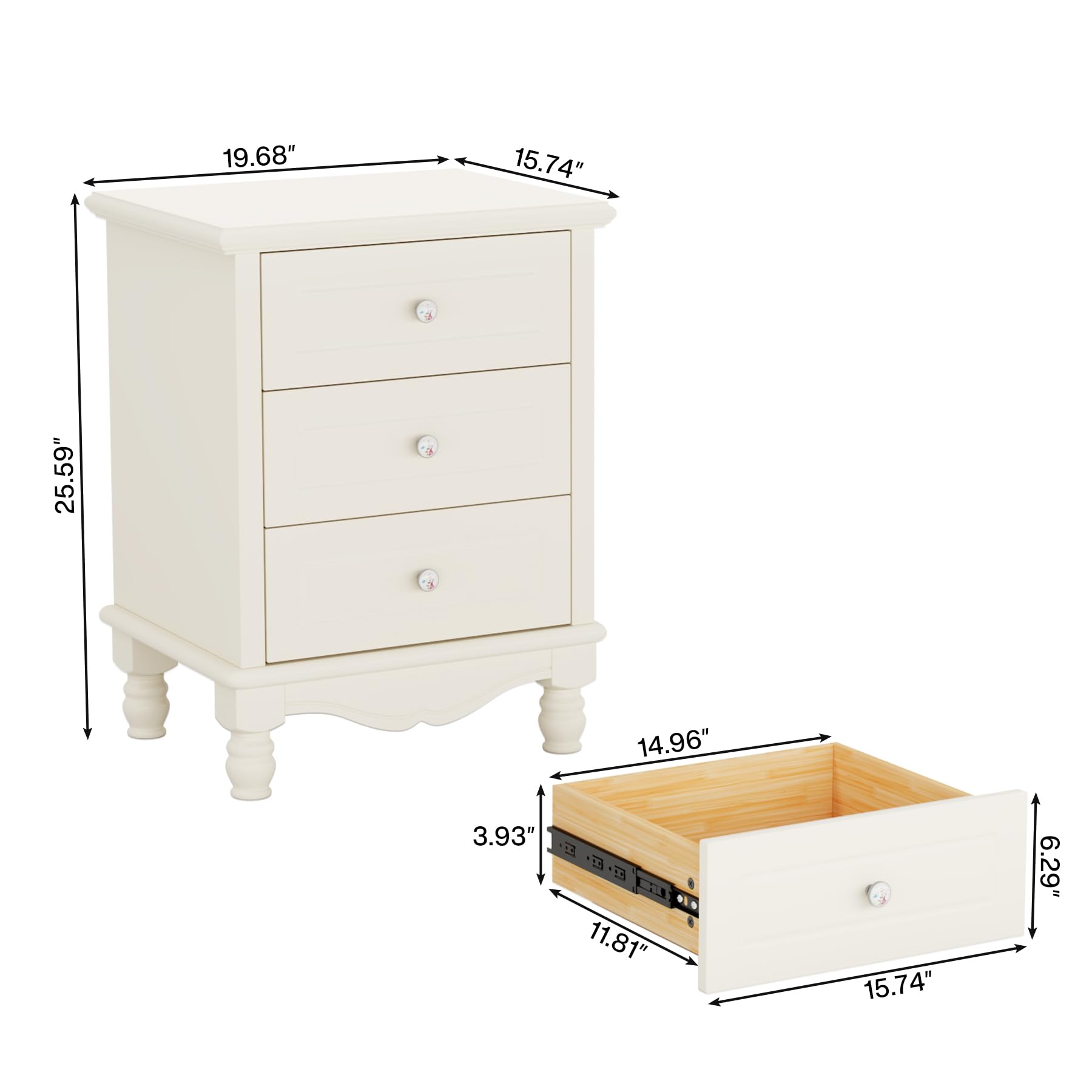 3-Drawer Nightstand, White Night Table for Bedroom, All-Wood Bedside Table