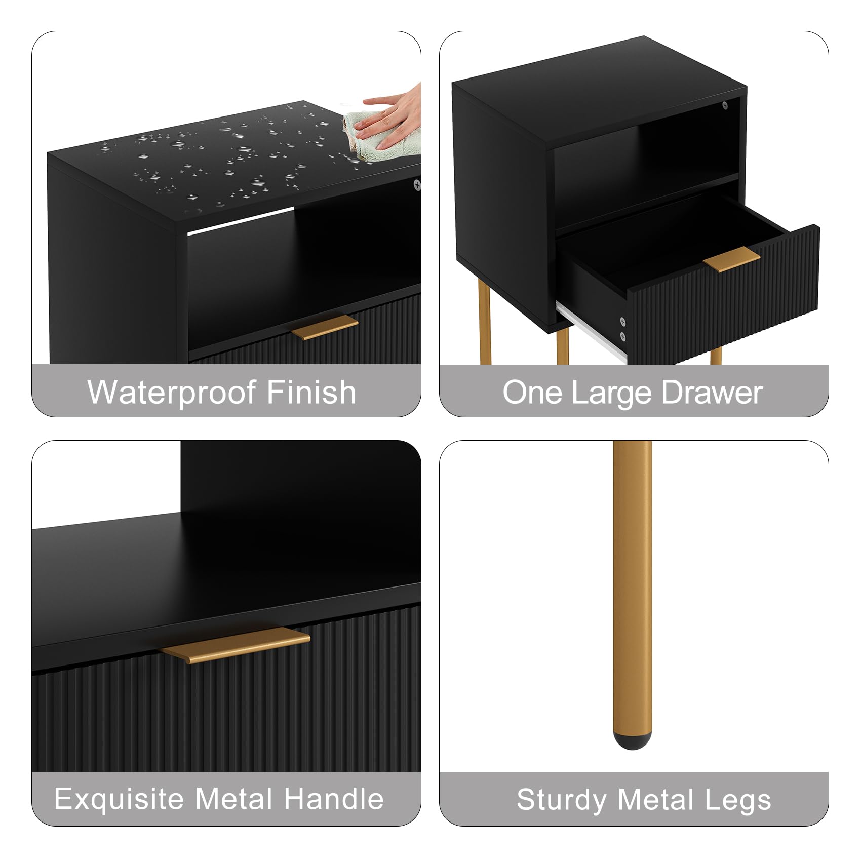 Nightstand,Small Bedside Table with Gold Frame,Black Night Stand,Bedside Furniture,