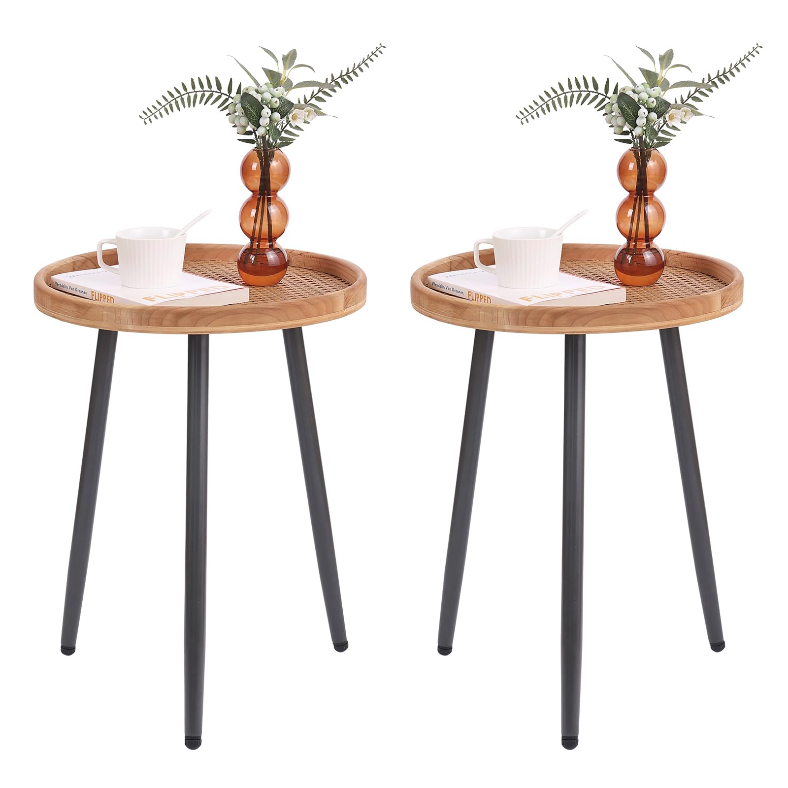 2 Pcs Rattan Round Side End Table, Indoor Accent Small Log Desktop Night Stand