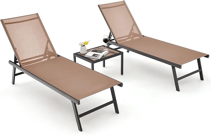 3 Piece Patio Chaise Lounge Set, Aluminum Patio Recliner with Coffee Table
