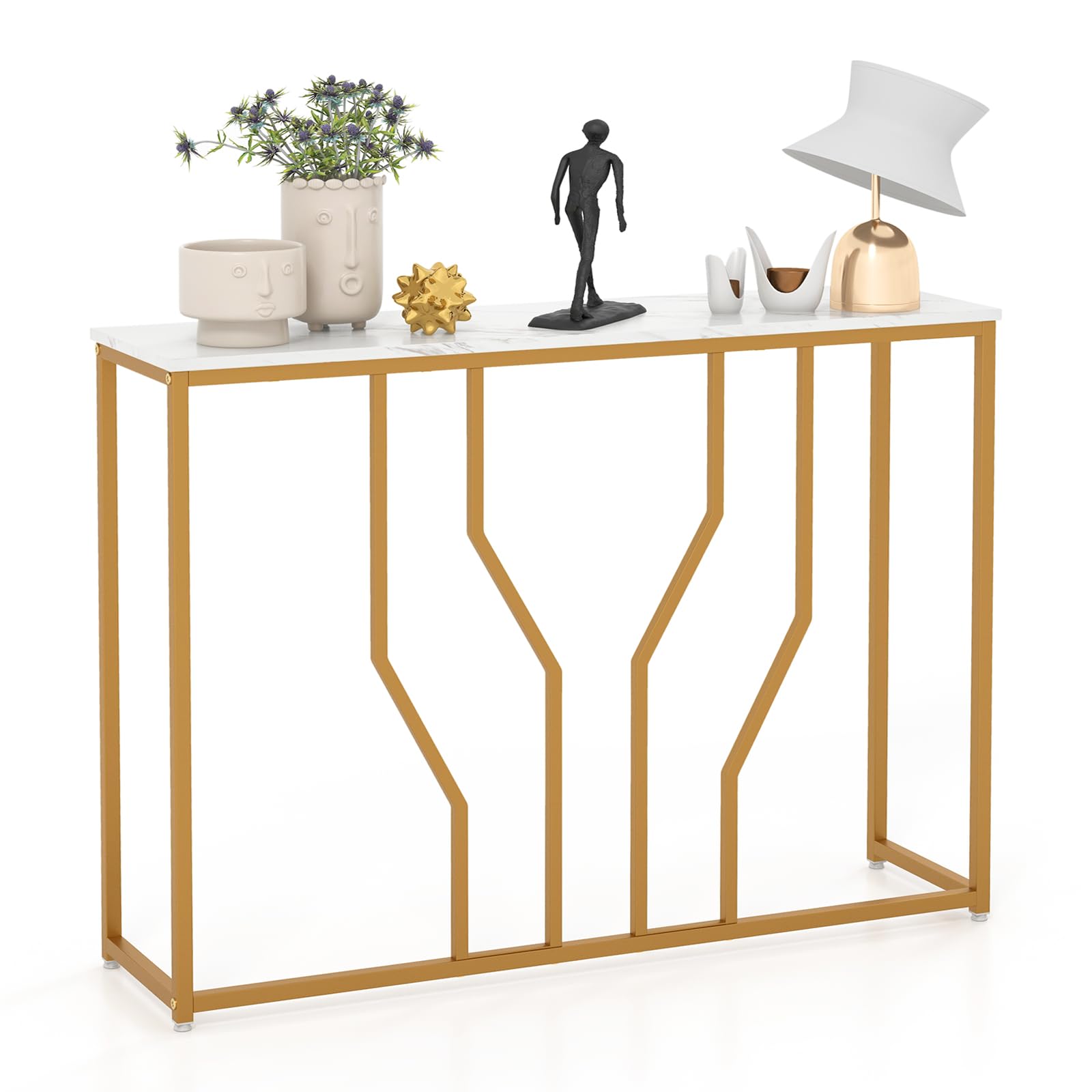Gold Console Table, 44” Modern Narrow Entryway Table with Faux Marble Tabletop