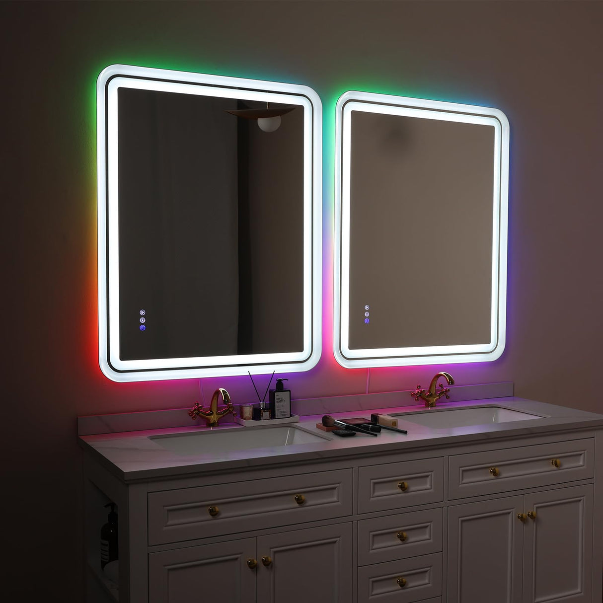 32x40'' LED Bathroom Mirror for Wall, Rounded Lighted Bathroom Mirror RGB Backlit and Frontlit