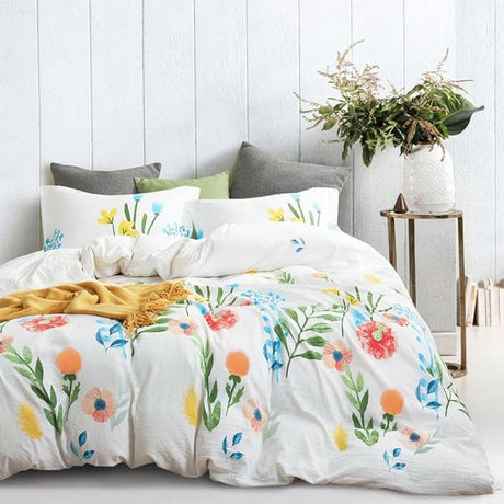 Floral Comforter Set, 100% Cotton Fabric, Colorful Watercolor Cute Flower and Leaves