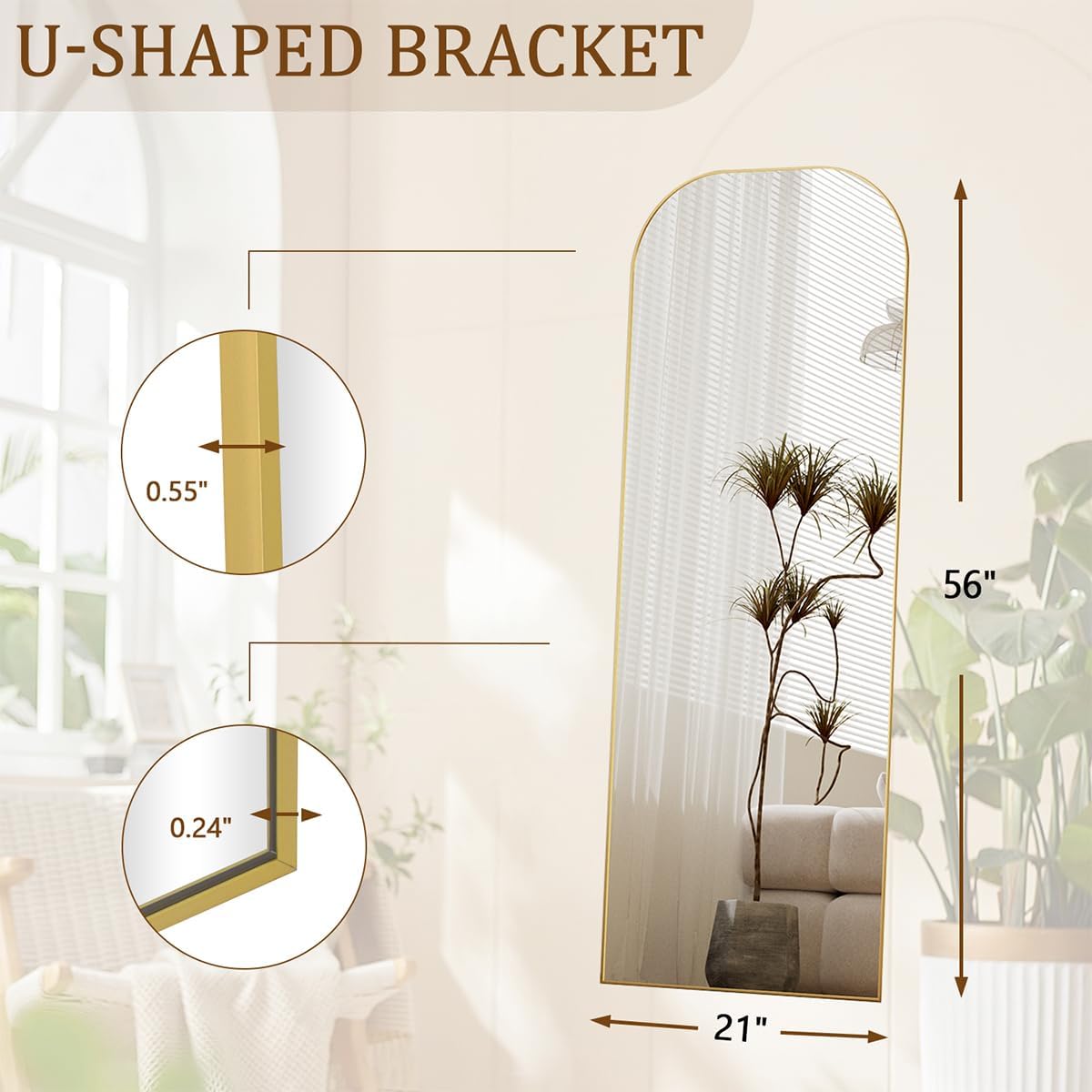 Full Length Mirror, 56"x21" Mirror Full Length with Stand, Gold Wall Full Body Mirror, Rounded Top Floor Mirror with Aluminum Alloy Frame for Bedroom Living Room