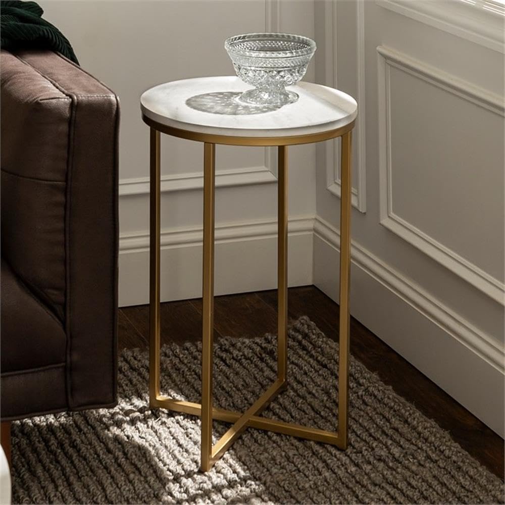 Cora Modern Faux Marble Round Accent Table with X Base, 16 Inch, Marble and Gold