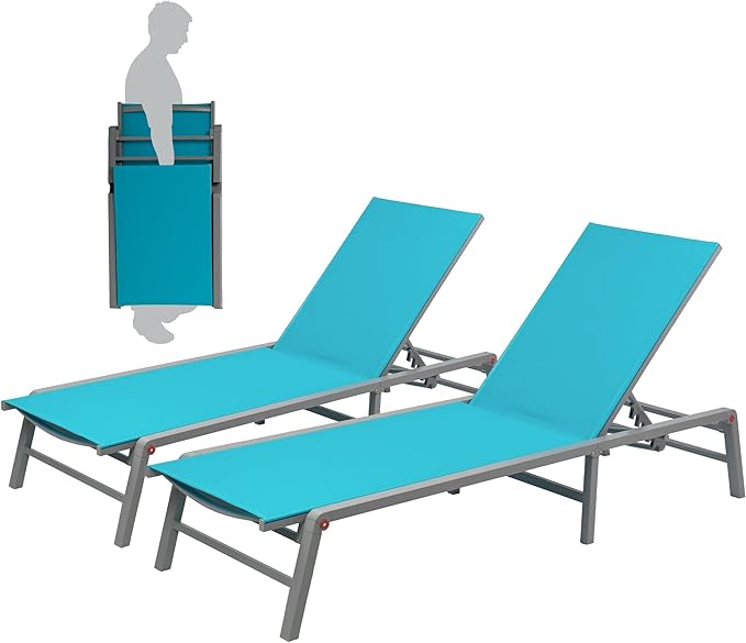 Lounge Chair Outdoor Foldable Outdoor Lounge Chair (2Blue Textilence W/O Table)