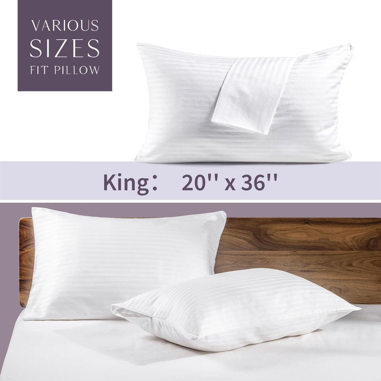 FAUNNA Zippered Pillow Protectors Cover Soft Comfortable Sateen 100% Long Staple Cotton Quiet and Breathable Bed Pillowcase King Size 4 Pack(20x36)