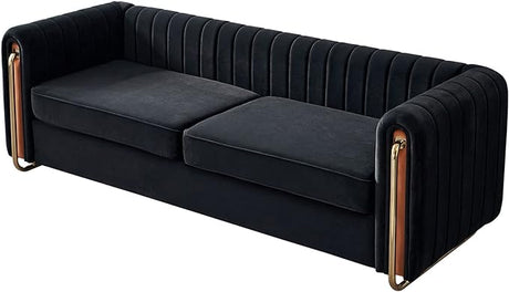 Modern Velvet Sofa for Living Room, 84 Inches Long Tufted Couch Upholstered Sofa with 2 Pillows High Arm and Metal Legs Decor Furniture for Bedroom, Office (Black)