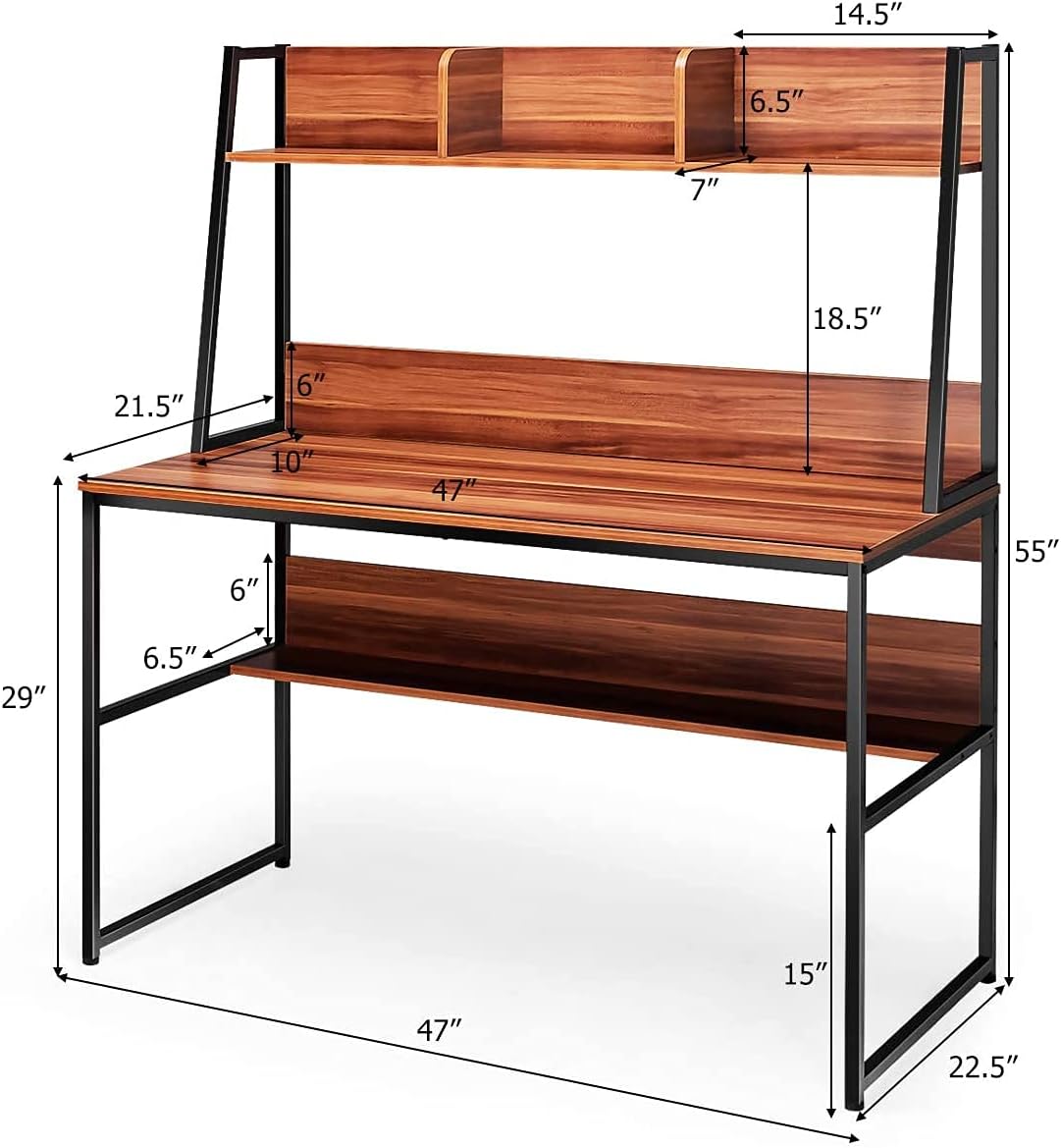 Computer Desk with Hutch & Bookshelf, 47" PC Laptop Table Workstation w/ 3 Storage Cubes & Open