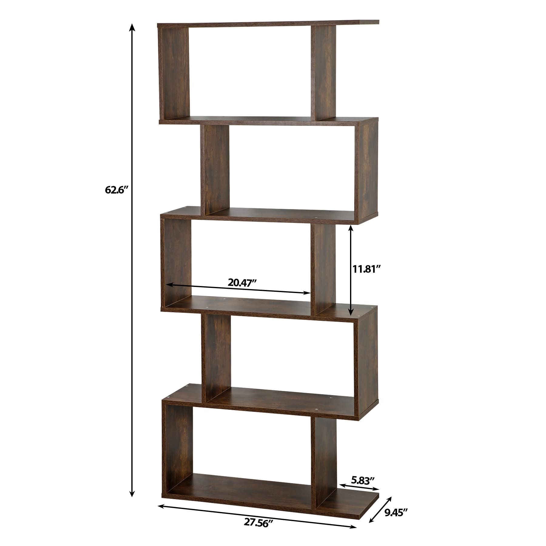6-Tier Bookshelf, S-Shaped Bookcase Storage Organizer, Modern Freestanding Industrial Display Shelf Unit, Wooden Decorative Room Divider for Living Room Bedroom, Home Office