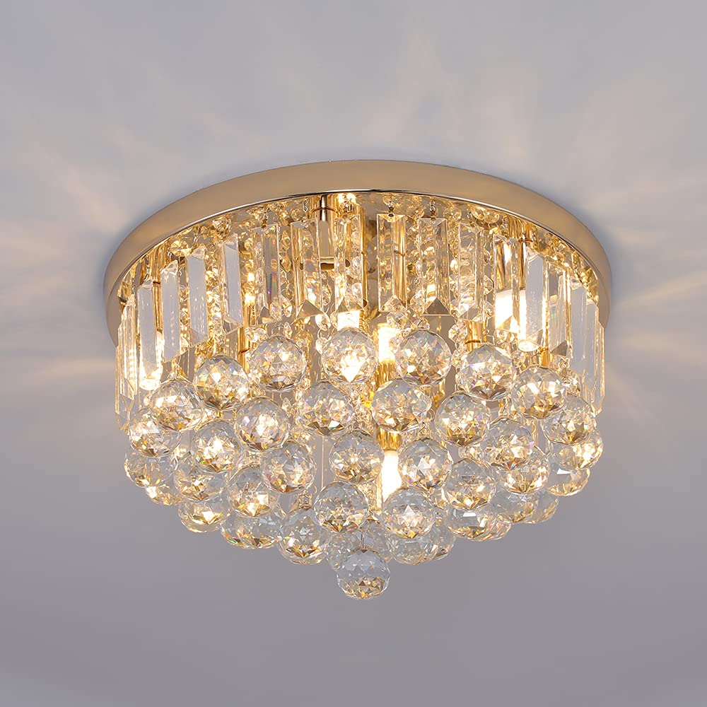 Mini Crystal Chandelier Ceiling Light,Flush Mount Modern Round K9 Crystal Raindrop