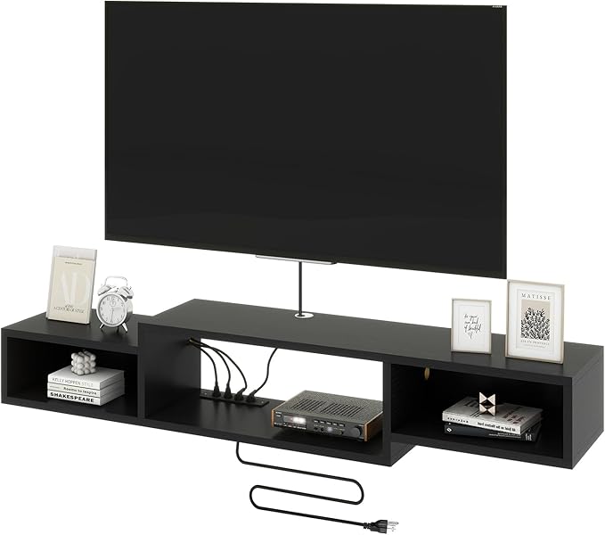 59" Floating TV Stand Wall Mounted with Power Outlet,Wood Wall Mounted Media