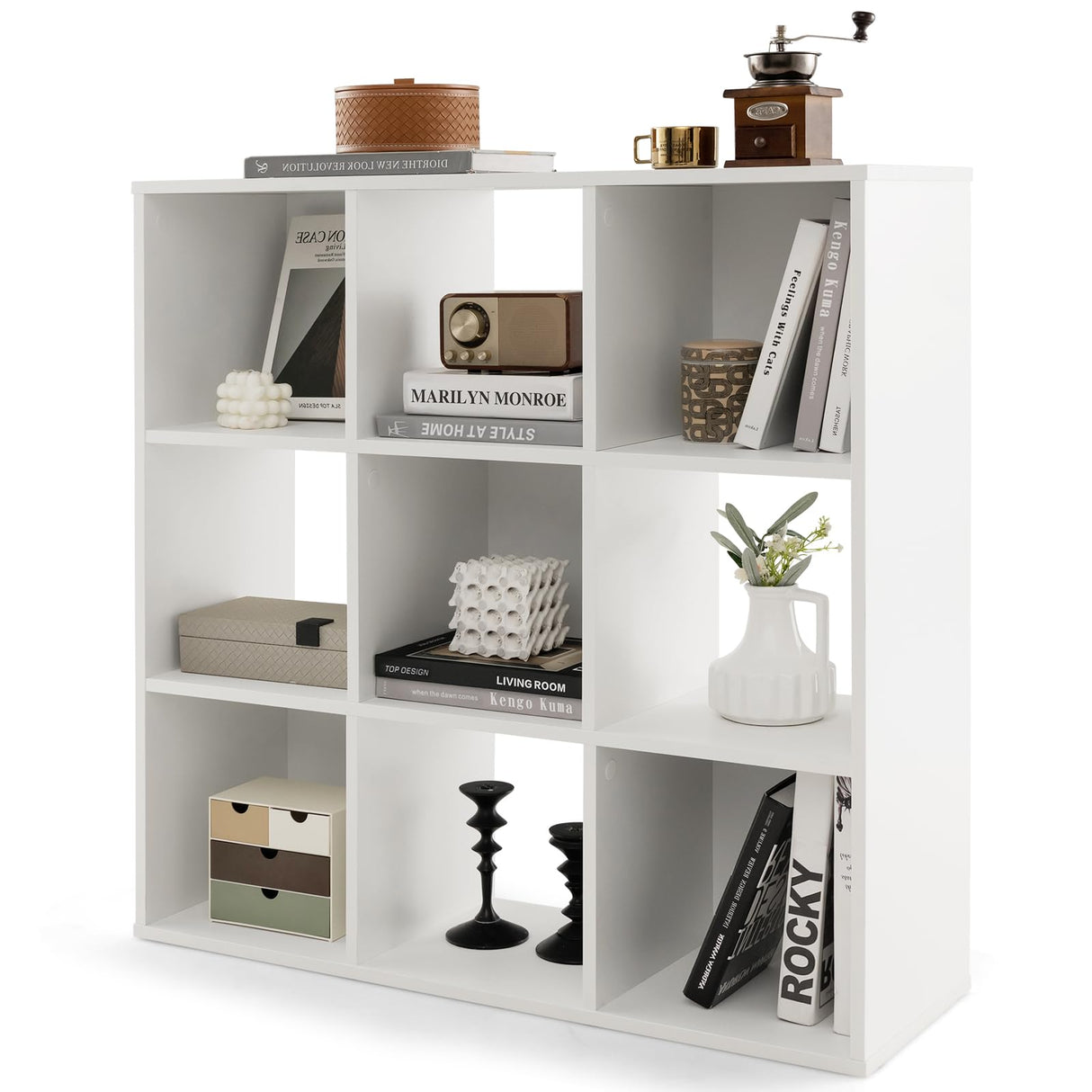 9-Cube Bookshelf, Wooden Open Bookcase, Dual Anti-Tipping Kits, Freestanding Modern Cube Storage Display Shelf for Living Room Kid's Room (White, 9-Cube)