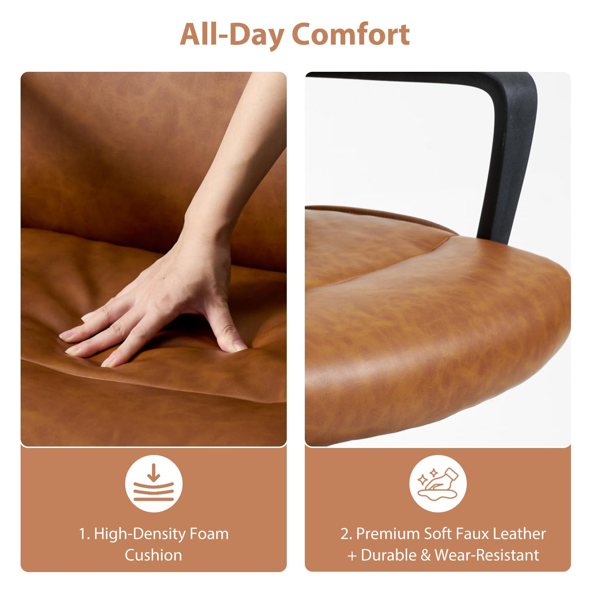 Brown Leather Office Chair with Wheels and Arms