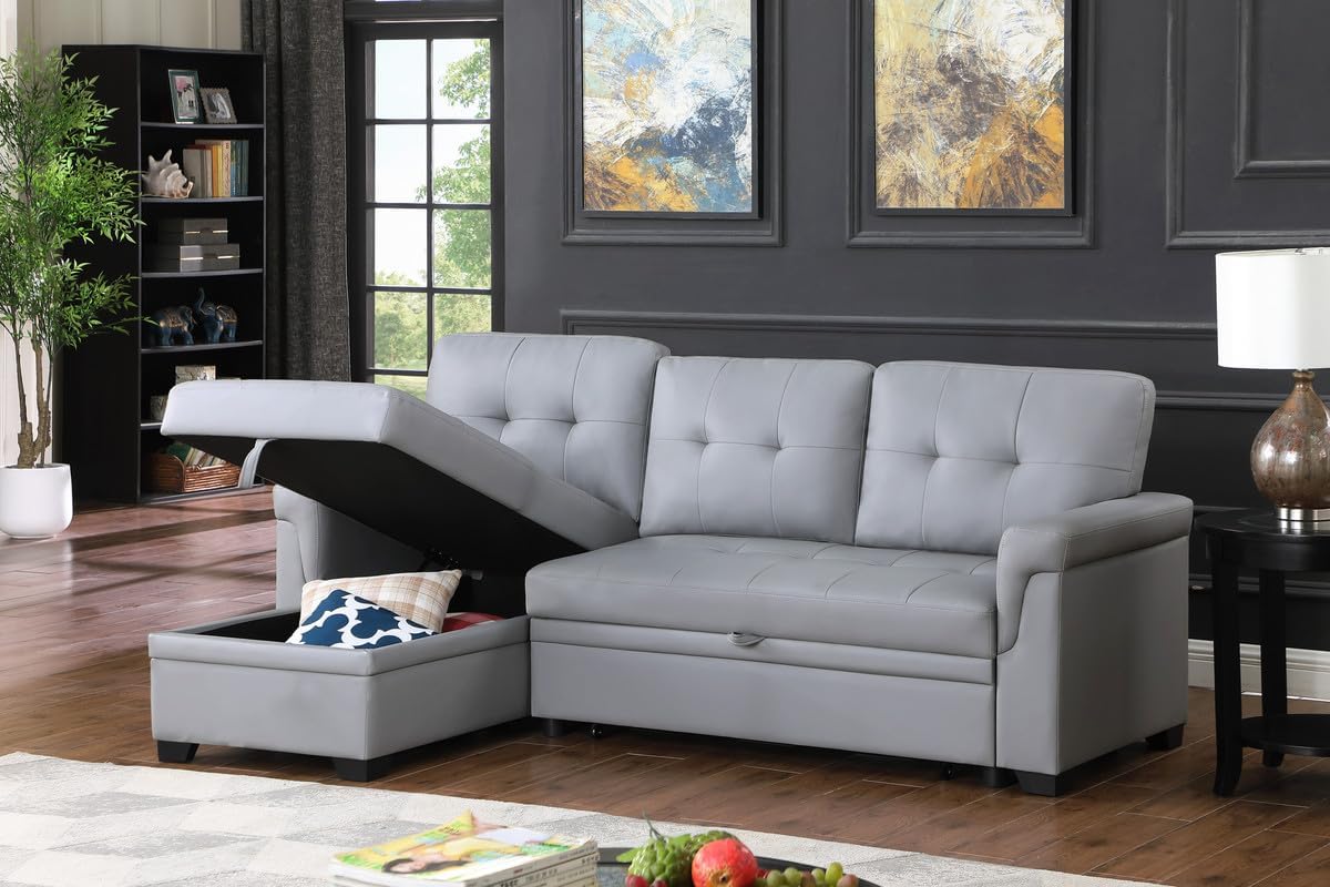 Lexi 83.5" W Gray Vegan Leather Modern Reversible Sleeper Sectional Sofa with Storage