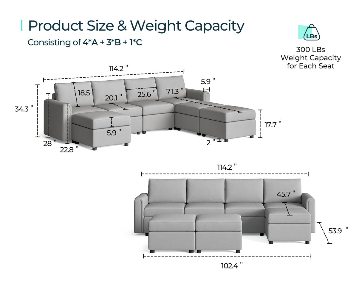 Modular Sectional Sofa, Convertible U Shaped Sofa Couch with Storage, Memory Foam,