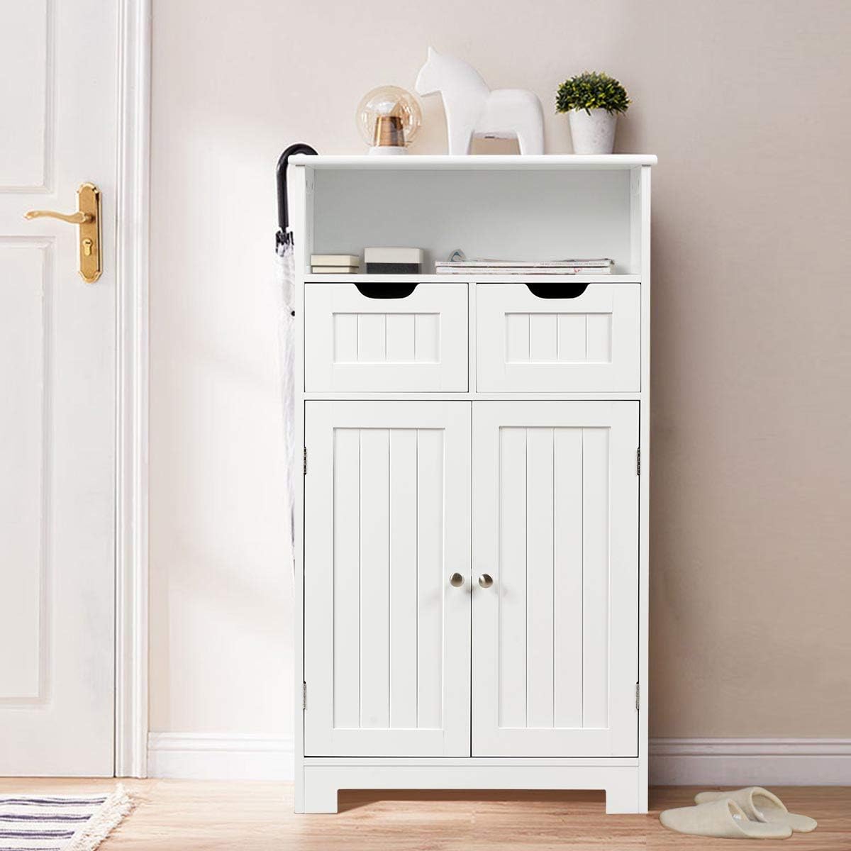 Bathroom Floor Cabinet, Storage Cabinet w/Open Shelf, 2 Doors & 2 Adjustable Drawers,