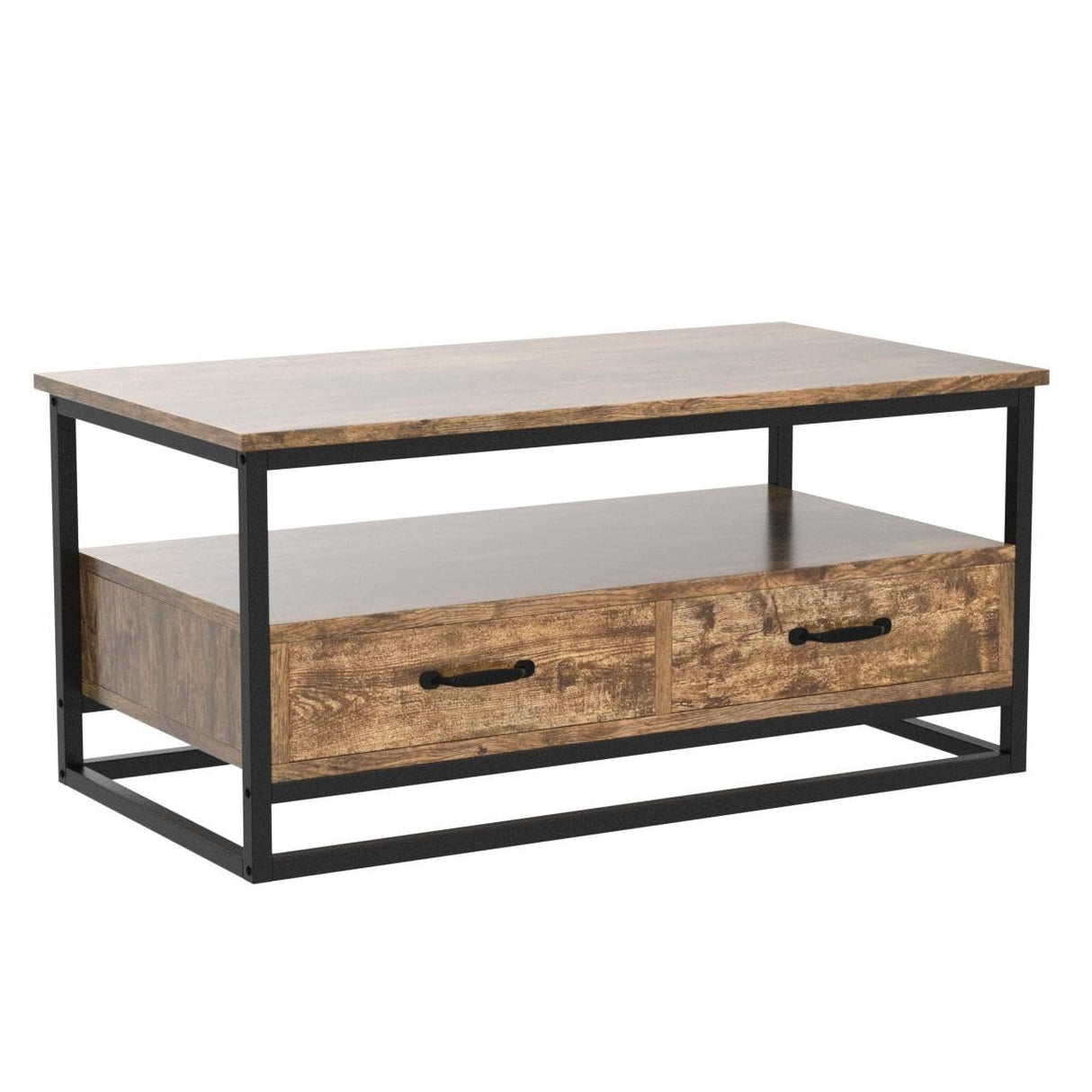 43.5" Coffee Table with Storage Drawers and Open Shelf, Mid-Century Retro Wood Coffee