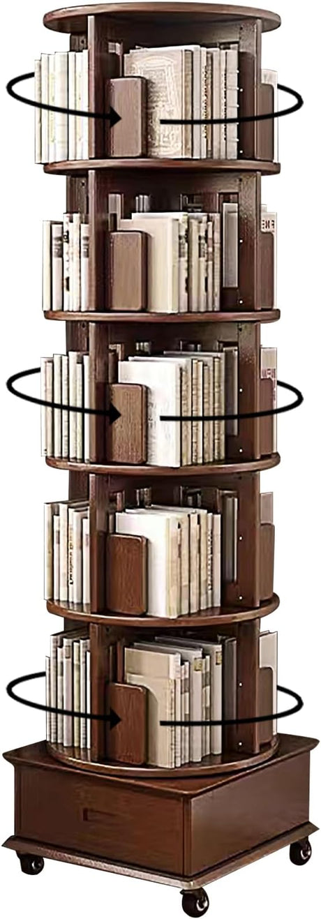 Solid Wood Rotating Book Shelf, 360° Display Bookcase with Drawer, 5-Tier Mobile Bookshelf with Wheels, 79"