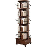 Solid Wood Rotating Book Shelf, 360° Display Bookcase with Drawer, 5-Tier Mobile Bookshelf with Wheels, 79"