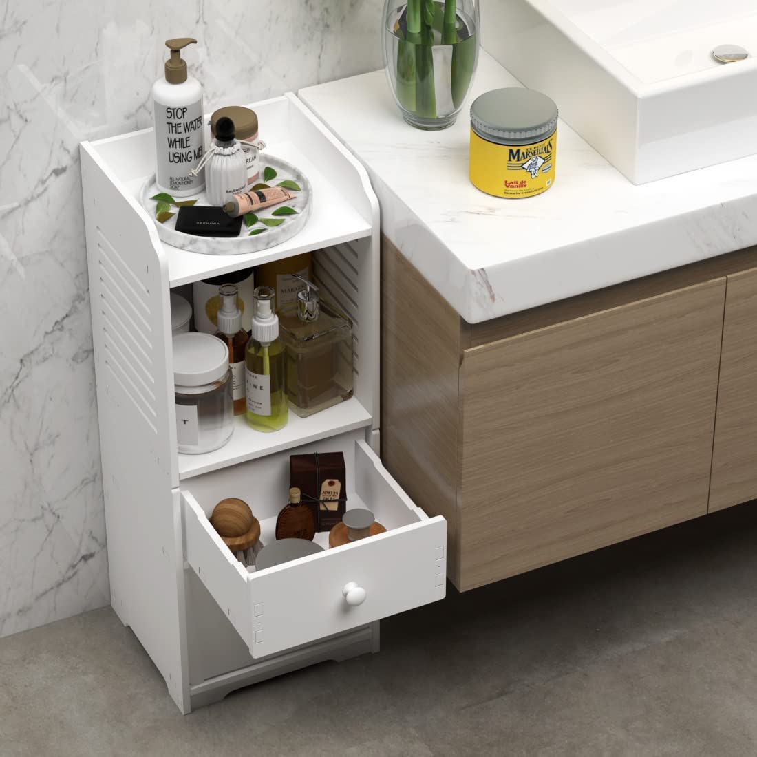 Storage Cabinet, Small Floor Bathroom Organizer Free Standing, Side Toilet Cabinet with Drawer and Door,