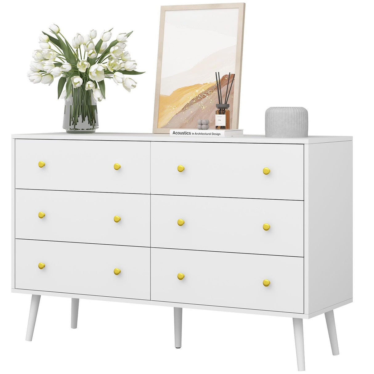 White Dresser for Bedroom, Double Wood Dresser with Gold Handles, 6 Drawer Dresser, Modern Mid Century Chest of Drawers for Living Room, Hallway