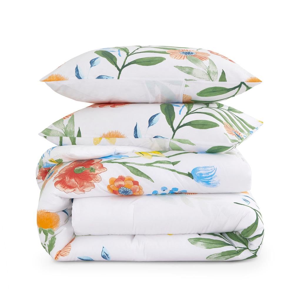 Floral Comforter Set, 100% Cotton Fabric, Colorful Watercolor Cute Flower and Leaves