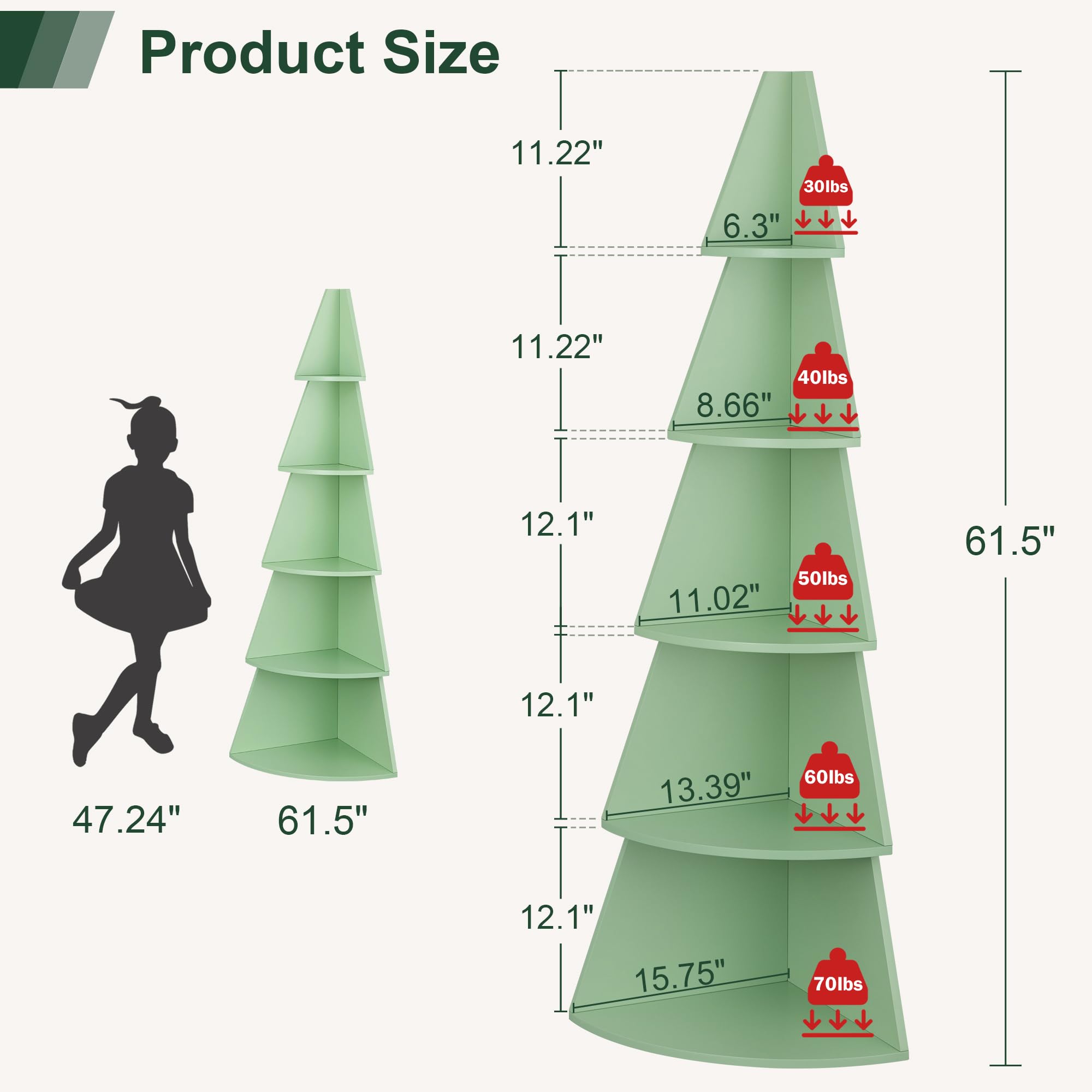 5 Tier Green Corner Book Shelf, 62" Tall Tree Corner Bookshelf with Storage,