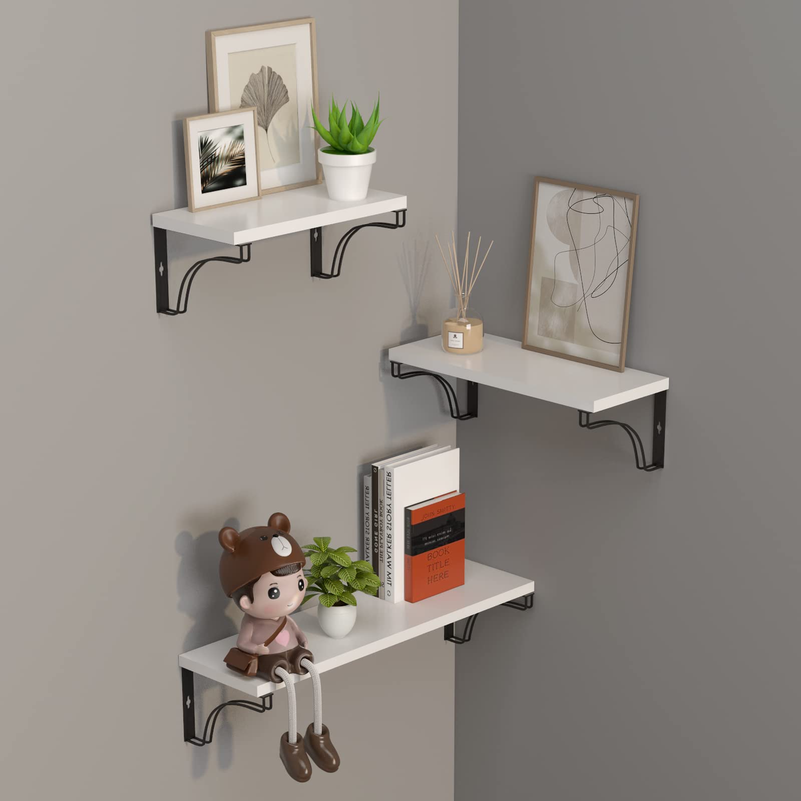 White Floating Shelves for Bedroom Set of 3 Wall Shelves for Bathroom/Living