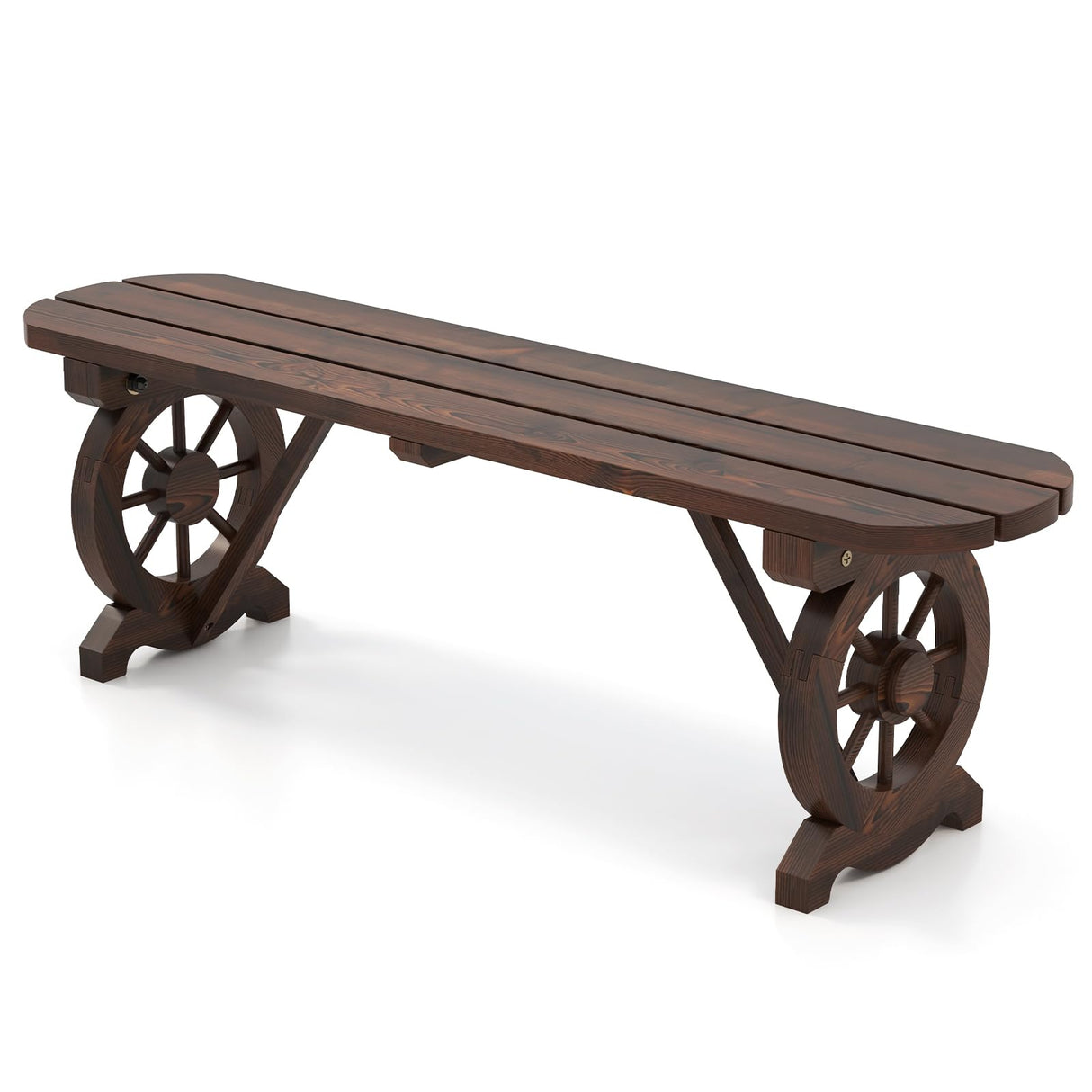 Person Wooden Outdoor Bench with Wagon Wheel Legs, Slatted Seat
