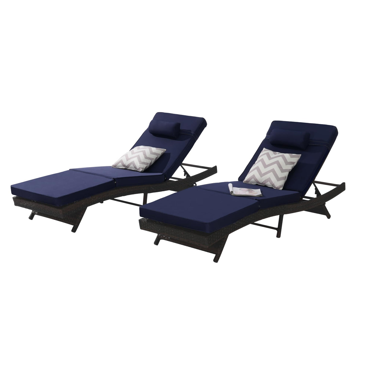 KEIKI Outdoor Long Reclining Chair Set of 2, PE Wicker Chaise Lounge Chairs with 5-Level Adjustable Backrest, Sunbathing Chairs Recliner up to 150° for Poolside, Garden, Beach, Deck, Dark Blue