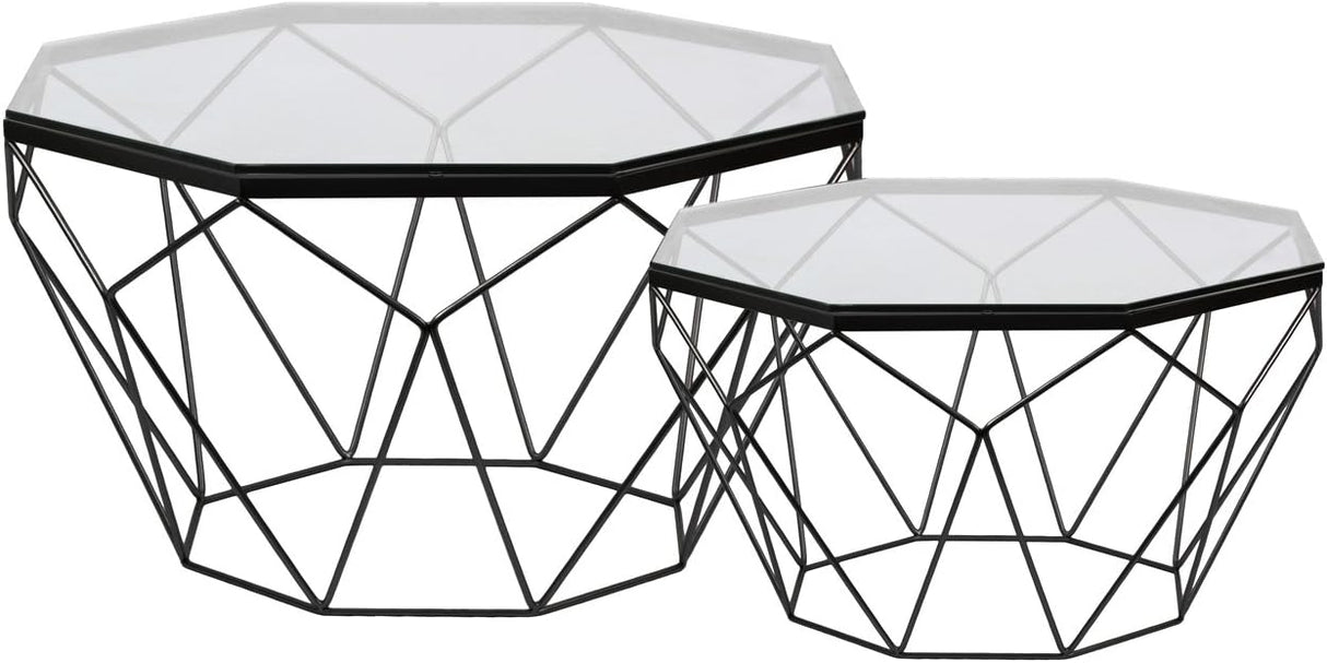 Octagonal Coffee Table with Glass Top and Lattice Design Body Set of Two Metallic Finish