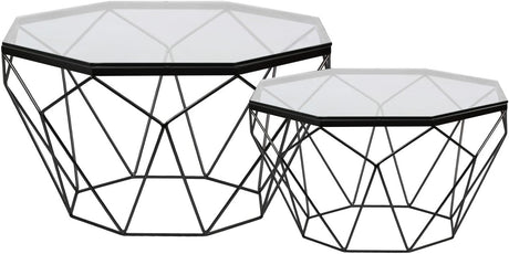 Octagonal Coffee Table with Glass Top and Lattice Design Body Set of Two Metallic Finish