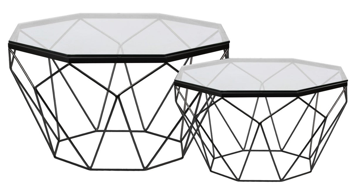 Octagonal Coffee Table with Glass Top and Lattice Design Body Set of Two Metallic Finish