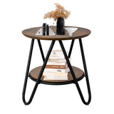 2-Tier Round Side Table, Small End Table with Metal Legs, Industrial Wood Beside Table