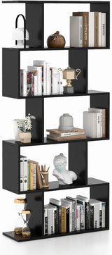 5-Tier Geometric Bookshelf, S Shaped Bookcase w/Anti-Toppling Device, Freestanding