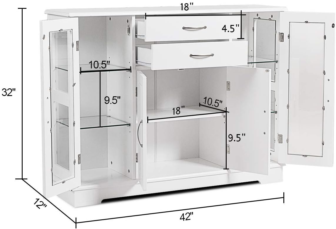 Sideboard Buffet Server Storage Cabinet W/ 2 Drawers, 3 Cabinets and Glass Doors