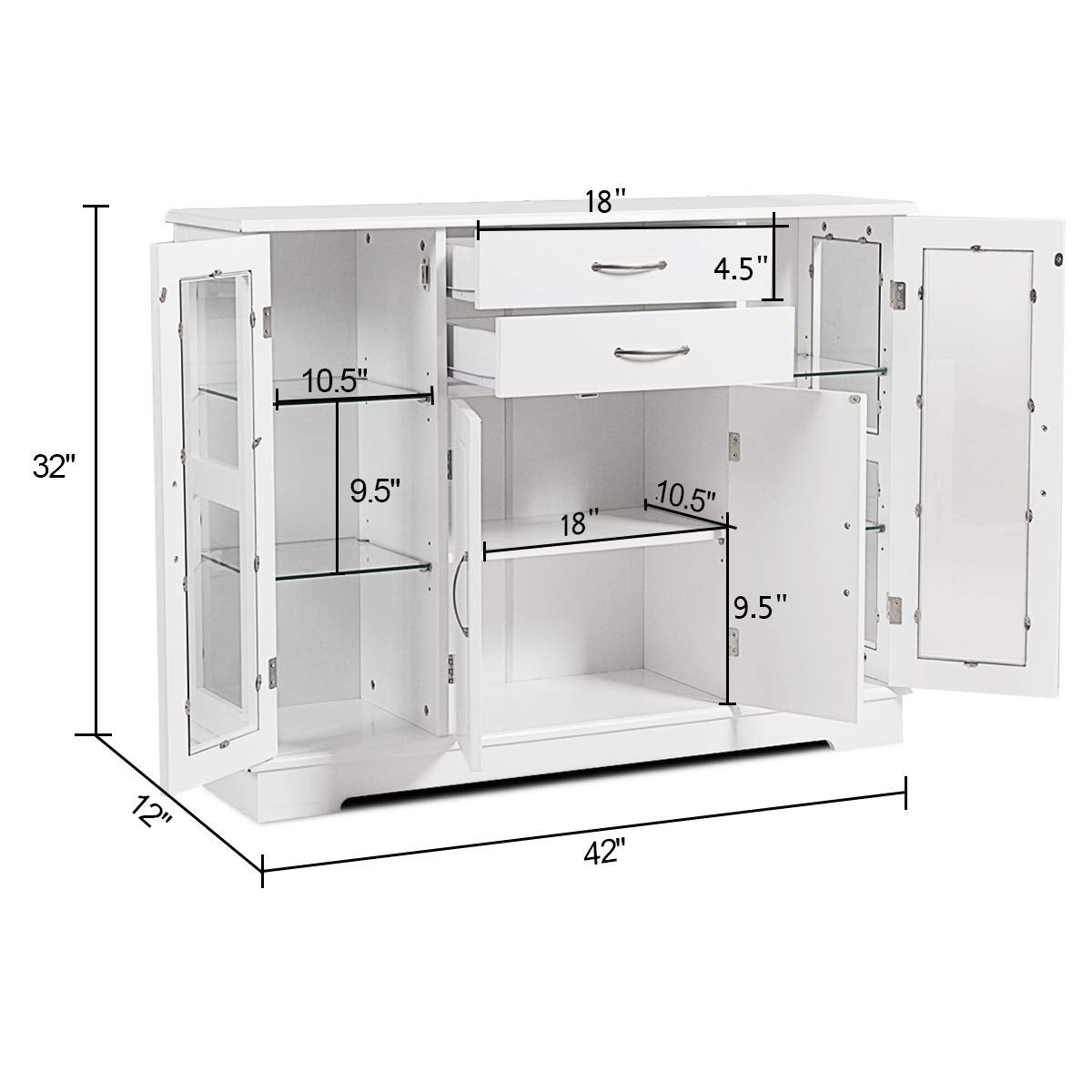 Sideboard Buffet Server Storage Cabinet W/ 2 Drawers, 3 Cabinets and Glass Doors