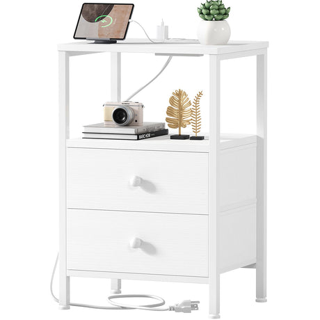 White Night Stand with Charging Station and USB Ports, Small Nightstand