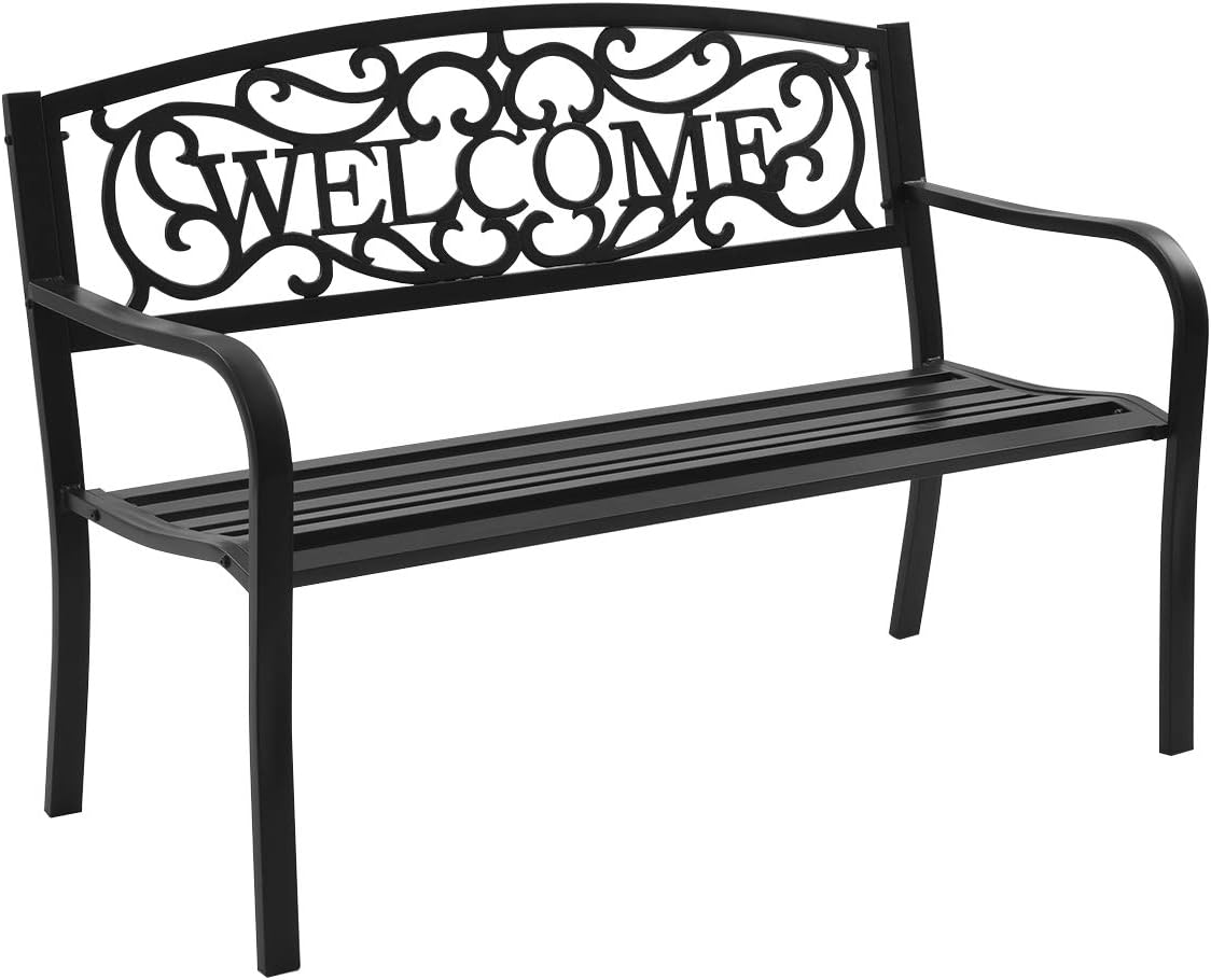 Garden Bench, Antique Metal Outside Bench w/Warm Welcome Pattern