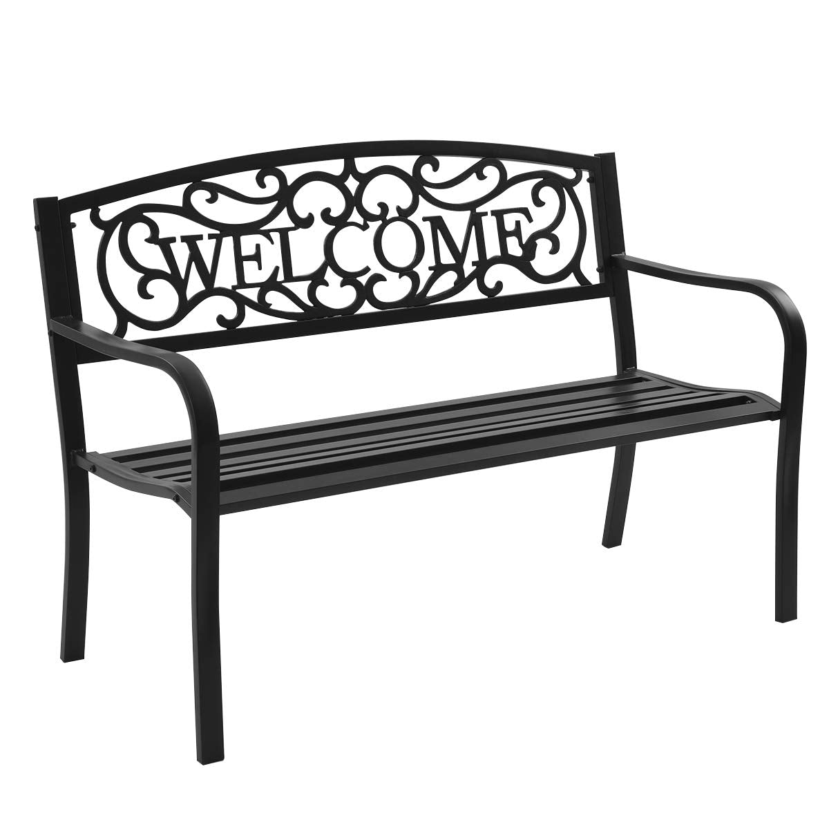 Garden Bench, Antique Metal Outside Bench w/Warm Welcome Pattern
