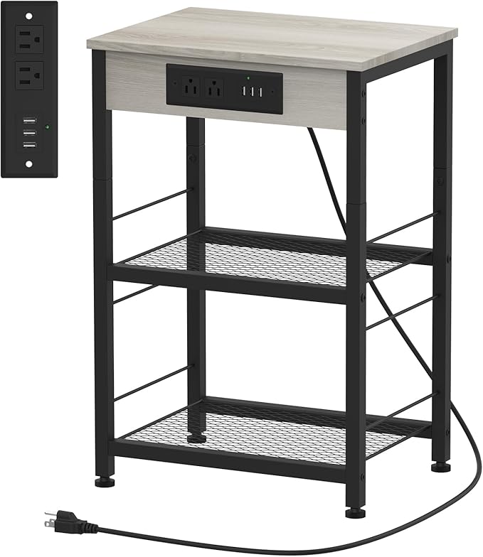 Black Nightstand with Charging Station Industrial End Side Table