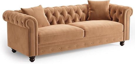 Chesterfield Sofa, 82 Inch Black Velvet Couch with Rolled Arms